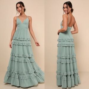 Lulus Lavish Perfection Sage Green Ruffled Tiered Maxi Dress L Wedding Party
